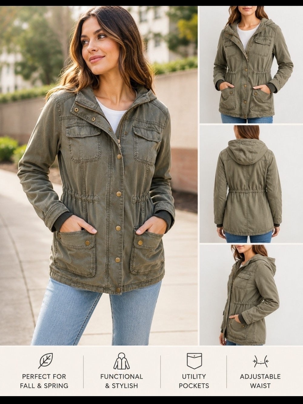 Women's Olive Utility Anorak Jacket with Hood